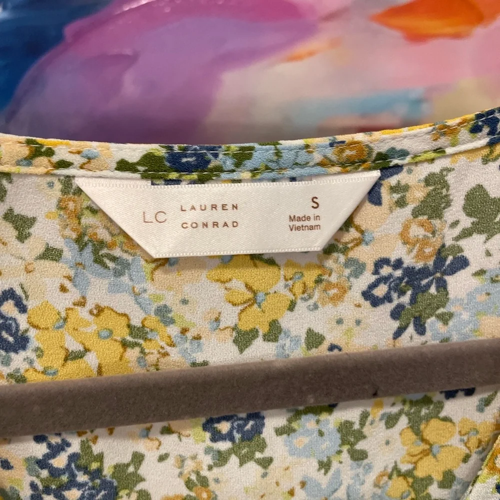 LC Lauren Conrad Yellow and Blue Floral Blouse ruffle cottage flirty feminine - Picture 2 of 5